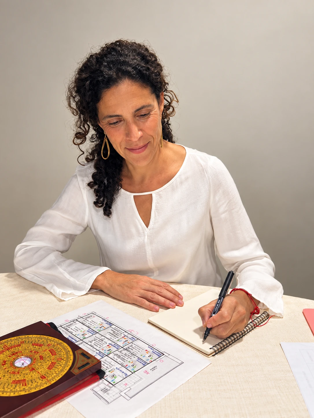 María realizando un análisis de Feng Shui San Yuan