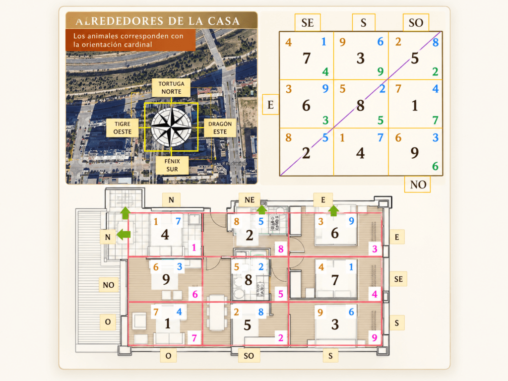Plano de vivienda con análisis de orientación y cálculos de Feng Shui San Yuan