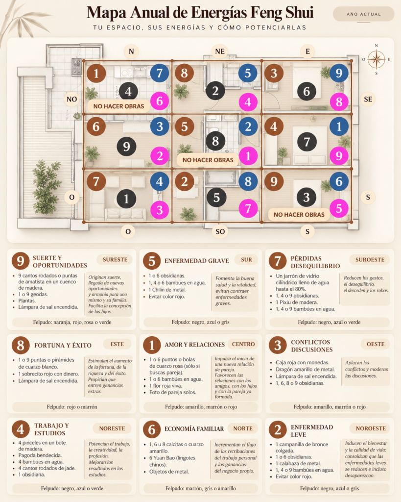 Plano de vivienda con análisis de Feng Shui anual y distribución de energías por sectores.
