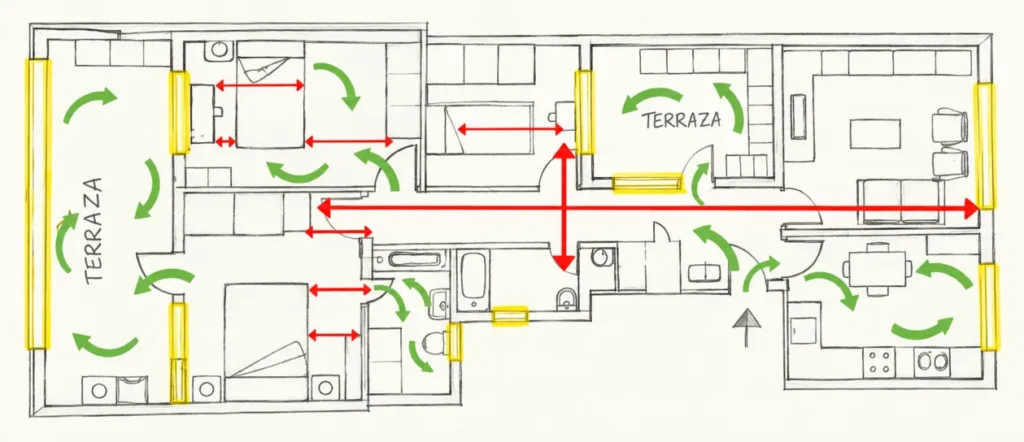 Plano de una vivienda con indicaciones de circulación y zonas analizadas durante una consultoría de Feng Shui San Yuan